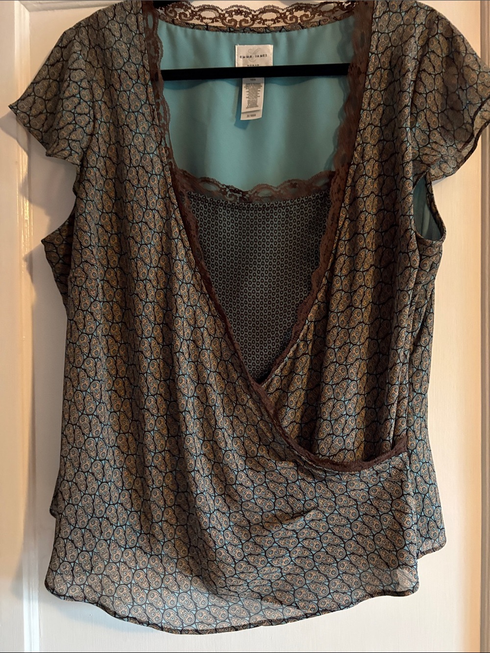 Emma James Blue Paisley Surplice Blouse with Brown Lace Trim